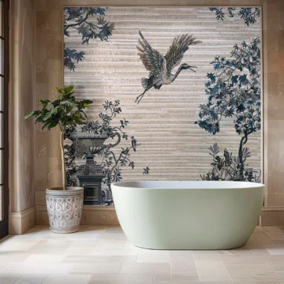 Heron-inspired botanical mosaic wall mural with bird and tree design behind a modern bathtub