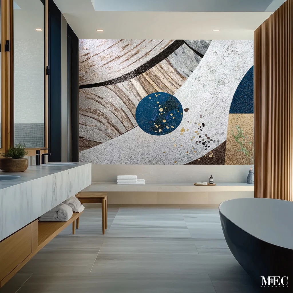 Contemporary bathroom with freestanding tub and wood accents featuring a Monochrome Orbital Abstract mosaic wall mural in neutral and blue tones