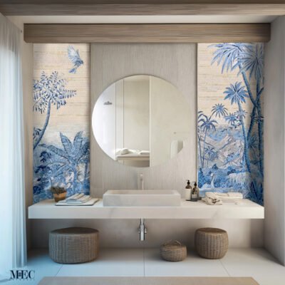 blue botanical bathroom mosaic wall
