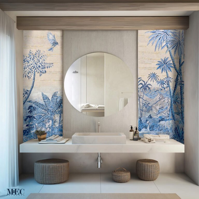 blue botanical bathroom mosaic wall