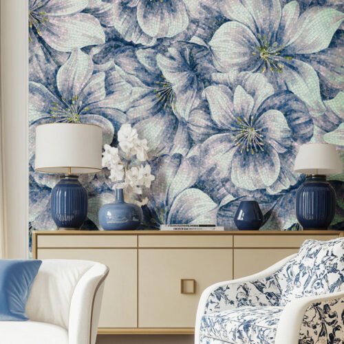 blue floral mosaic bedroom wall
