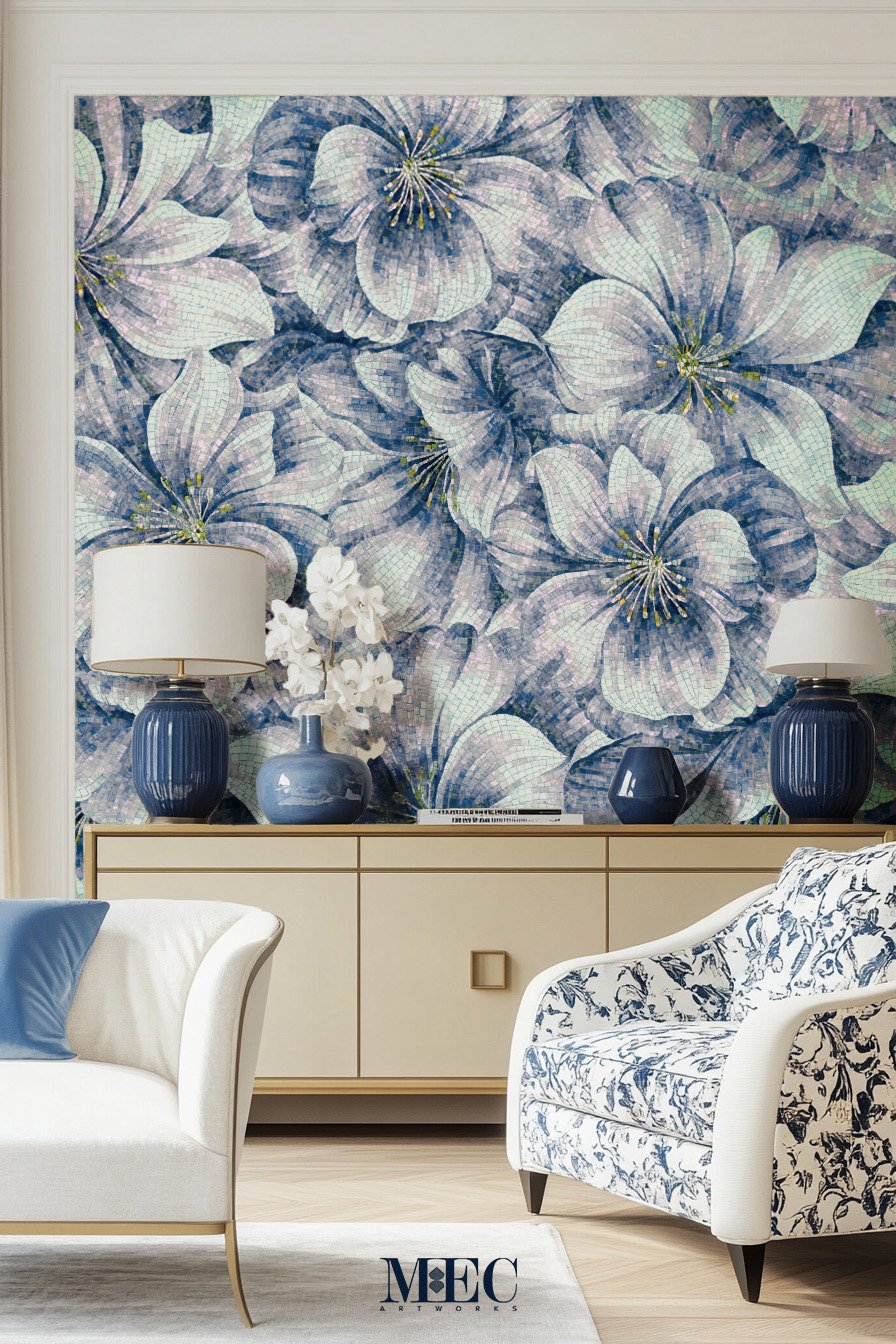 Blue floral mosaic bedroom wall featuring large, hand-crafted blossoms in shades of blue and white, paired with elegant matching decor