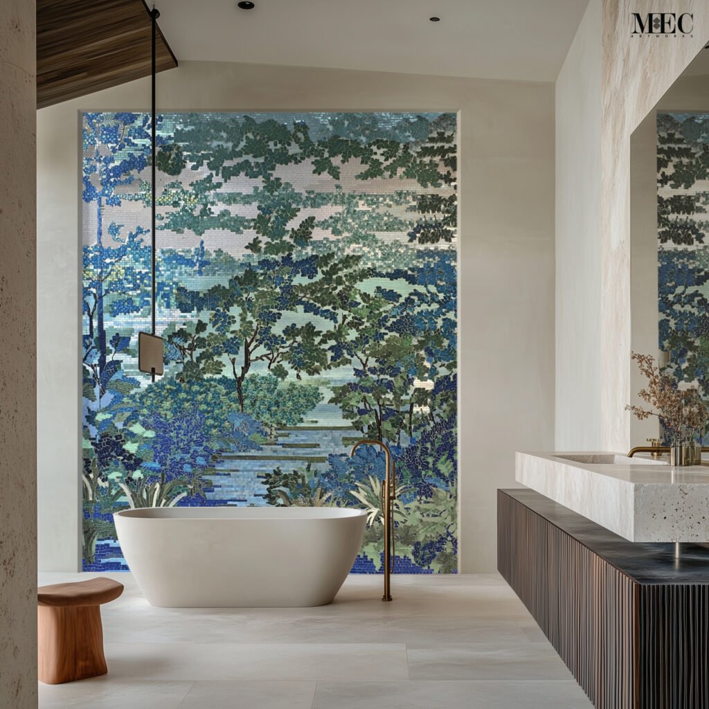 bathroom with freestanding bathtub and large blue ocean-inspired mosaic wall art featuring trees and nature design, handcrafted by MEC Artworks.
