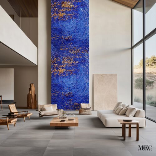 blue textured mosaic wall living room