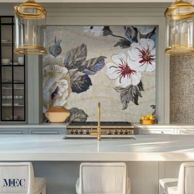 floral kitchen backsplash neutral tones