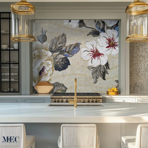 floral kitchen backsplash neutral tones