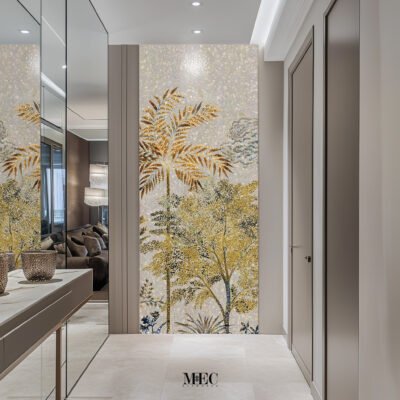 Golden palm tree mosaic wall art in a modern corridor interior – MEC Artworks.