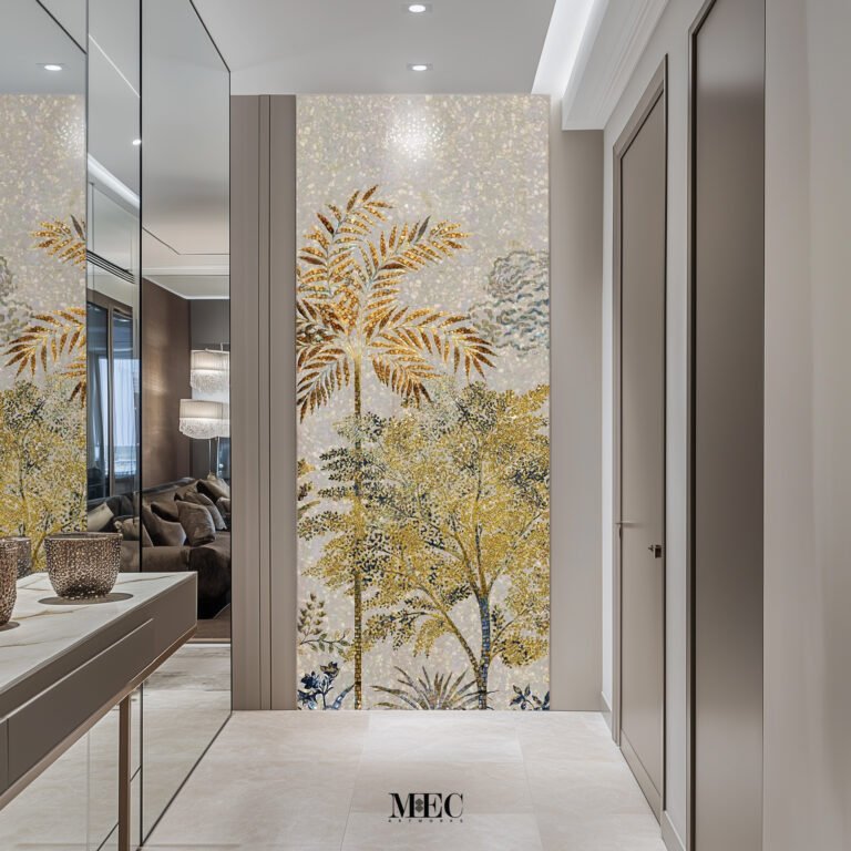 Golden palm tree mosaic wall art in a modern corridor interior – MEC Artworks.