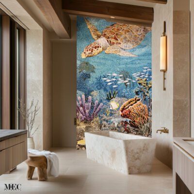 Luxurious bathroom with an underwater sea turtle mosaic wall art, featuring coral reef and marine life details, adding a serene oceanic touch