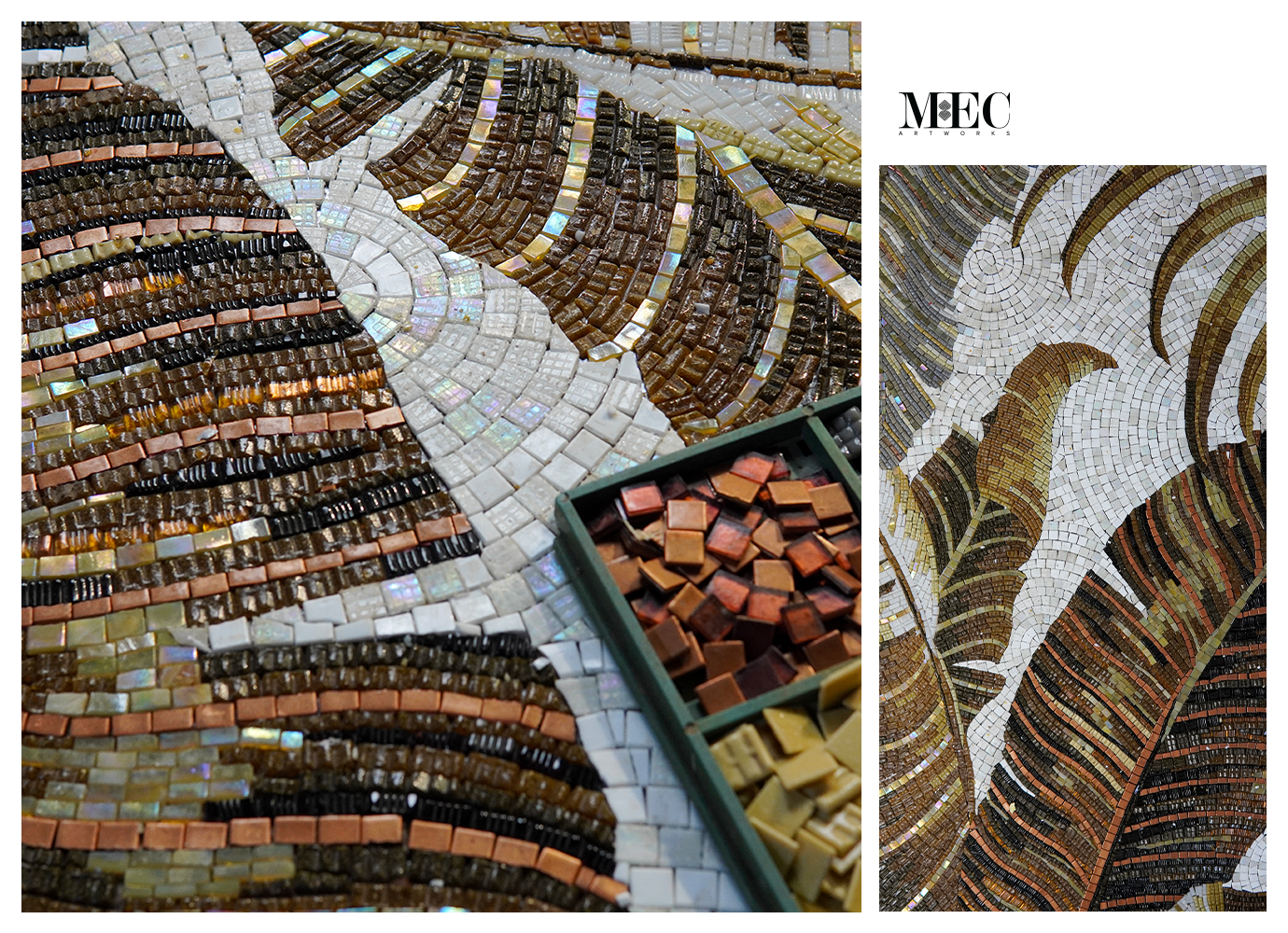 Handcrafted botanical mosaic artwork with warm-toned glass tiles forming textured tropical banana leaves on white.