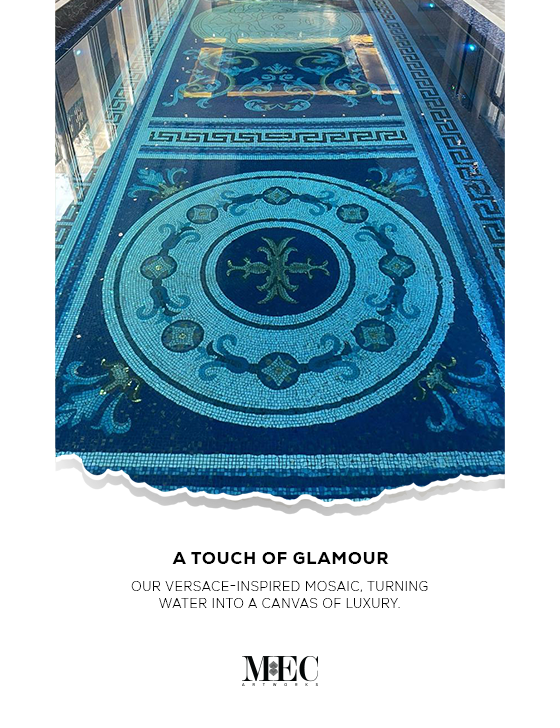 Versace-style mosaic pool design with intricate blue tile patterns showcasing opulent, luxury water aesthetics.