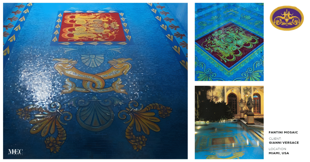 Luxurious Versace mosaic pool in Miami with intricate gold detailing and vibrant Fantini artistic tilework.
