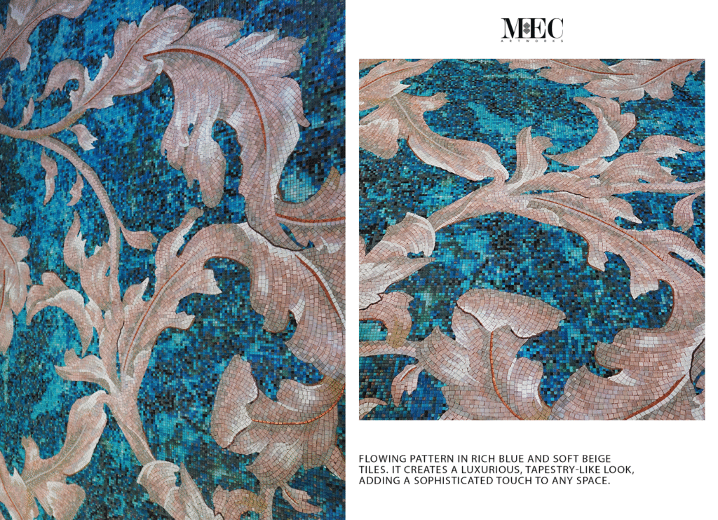 Elegant swirling leaf mosaic in beige and blue tiles, creating a rich, tapestry-style decorative surface.