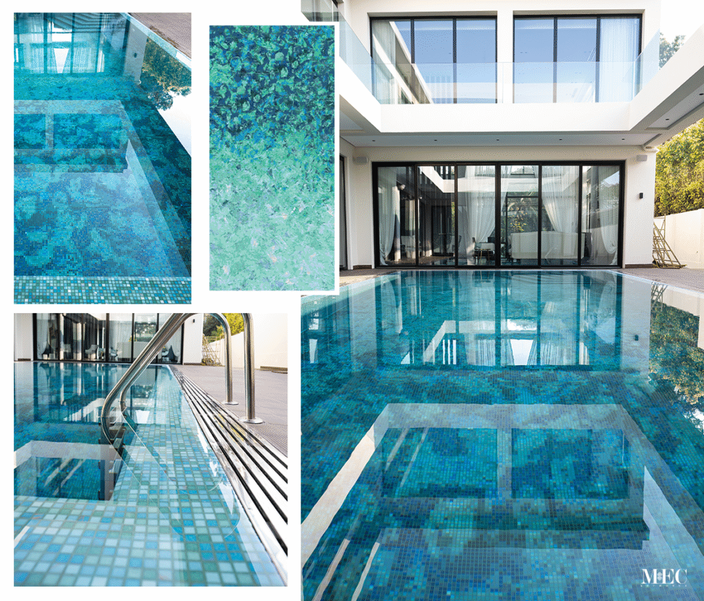 Modern UAE villa pool with blue mosaic tiles reflecting sky, architecture, and clean luxury aesthetics.