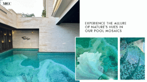 Luxury pool mosaic tiles in UAE showcasing nature-inspired patterns with turquoise and emerald color gradients.