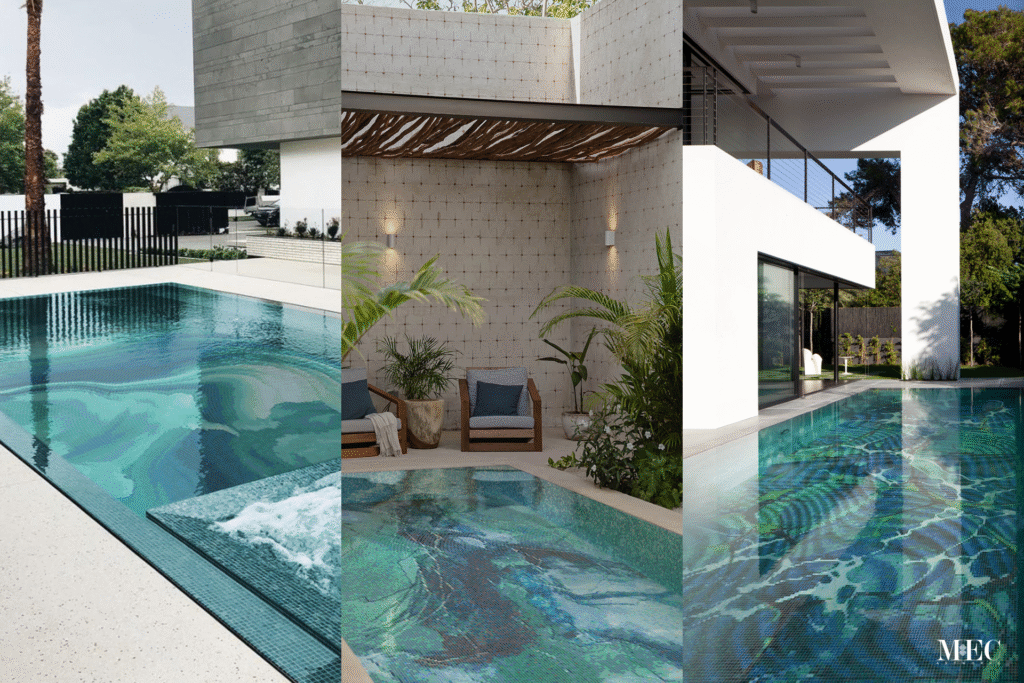 Modern outdoor pools with abstract mosaic tile patterns, enhancing residential luxury and natural aesthetic appeal.