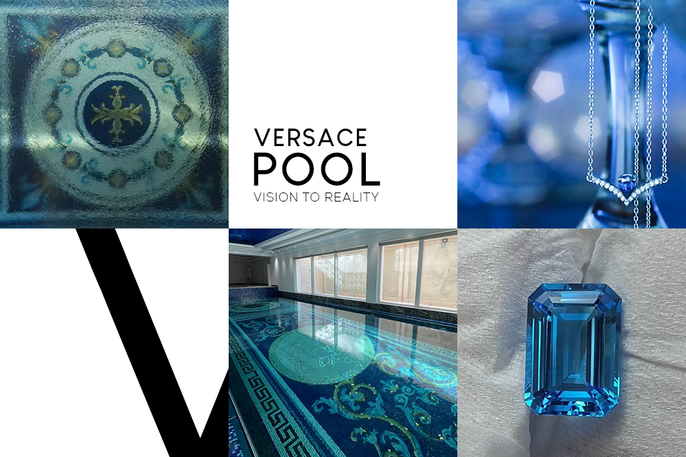 Luxury Versace-inspired indoor pool with detailed blue mosaic tile, gemstones, and elegant jewel tones.