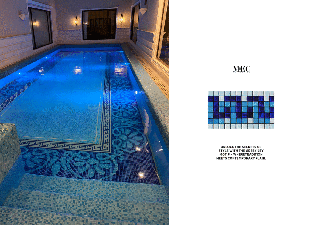 Elegant indoor pool with Greek key mosaic border and floral tile design, softly illuminated at night.