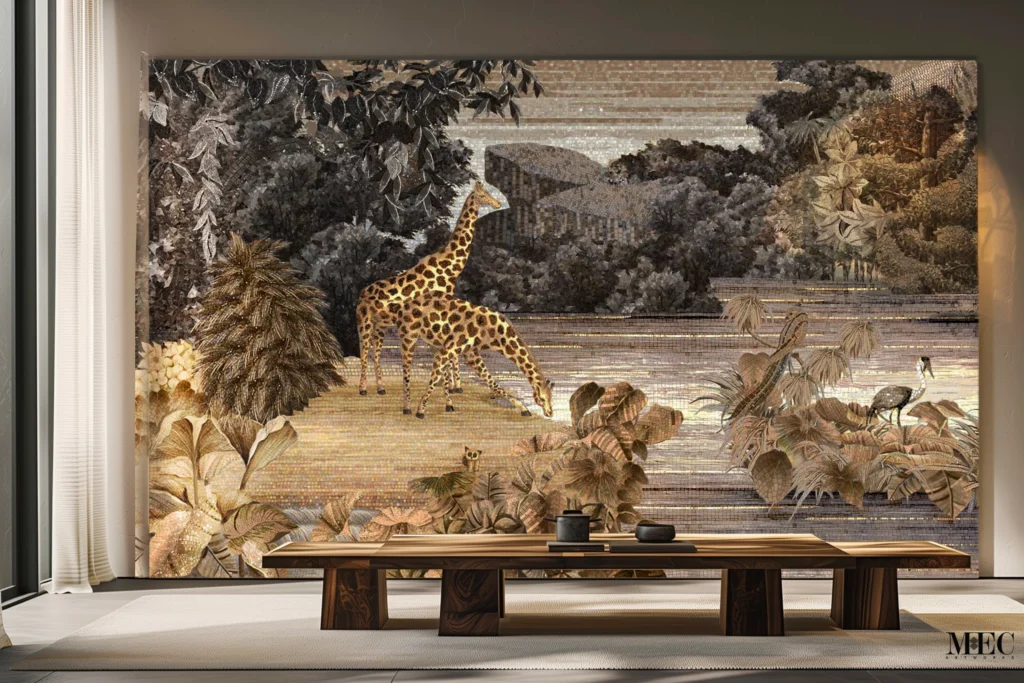 Artistic giraffe mosaic wall mural depicting a serene safari scene with giraffes, trees, and natural surroundings in earthy tones
