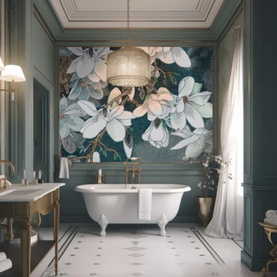 Elegant bathroom with a clawfoot bathtub, gold fixtures, and a stunning botanical magnolia mosaic mural on the wall, creating a refined and luxurious atmosphere