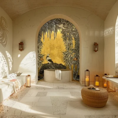 Custom tropical bird mosaic mural with golden and green foliage set in an arched spa-style bathroom interior