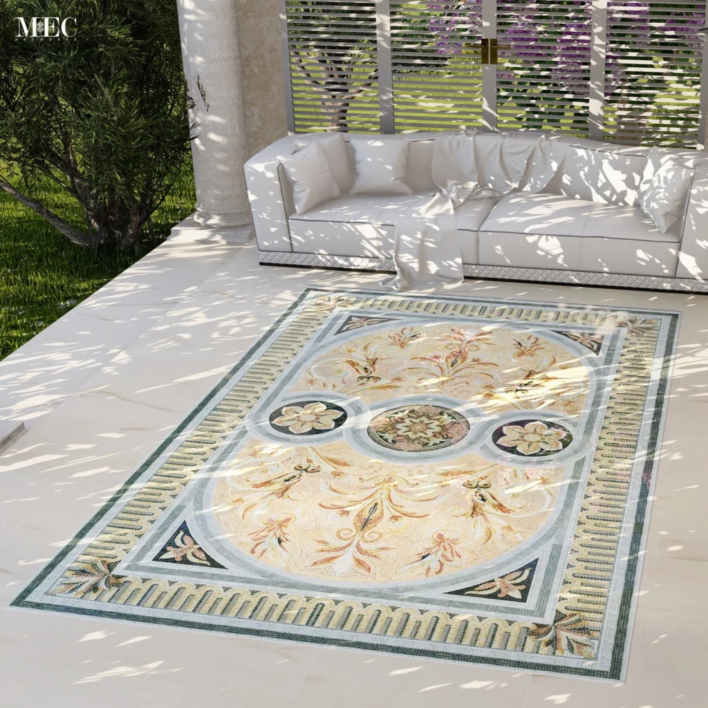 Outdoor patio with handcrafted garden elegance mosaic floor featuring floral medallion patterns in beige, green, and gold tones