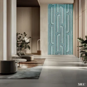 Geometric blue mosaic wall panel with modern curved line pattern in a contemporary lobby interior – MEC Artworks.