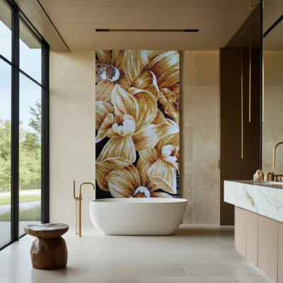 Radiant orchid floral mosaic feature wall in a luxury bathroom with freestanding tub