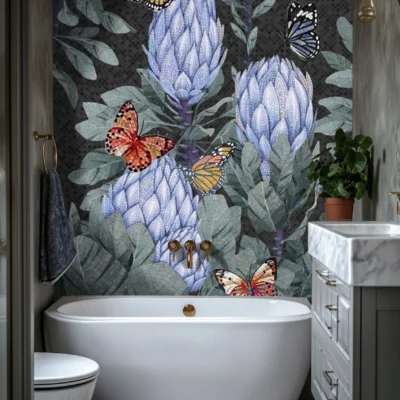 Vibrant protea flower mosaic wall with colorful butterflies in a modern bathroom featuring freestanding tub and chandelier
