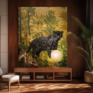 Golden Canopy Mosaic Wall with Handcrafted Panther Portrait