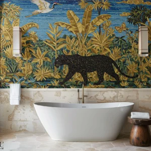 Jungle Noir Mosaic Wall with Panther and Tropical Scenery