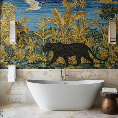 Jungle Noir Mosaic Wall with Panther and Tropical Scenery