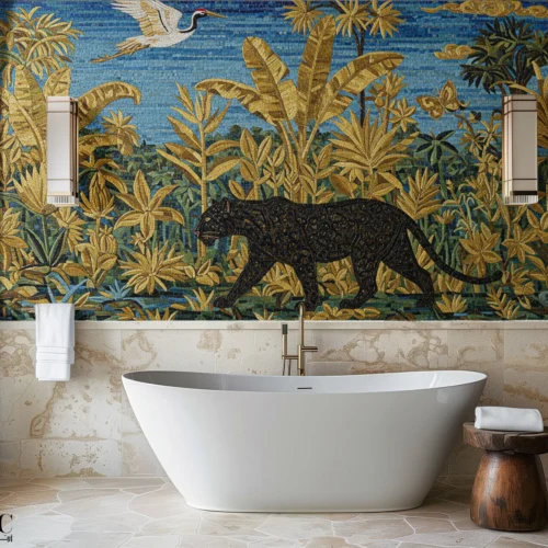 Jungle Noir Mosaic Wall with Panther and Tropical Scenery