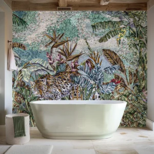 Jungle Spirit Mosaic Wall with Leopard and Tropical Foliage