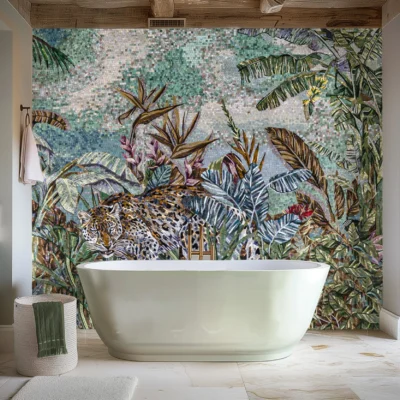 Jungle Spirit Mosaic Wall with Leopard and Tropical Foliage