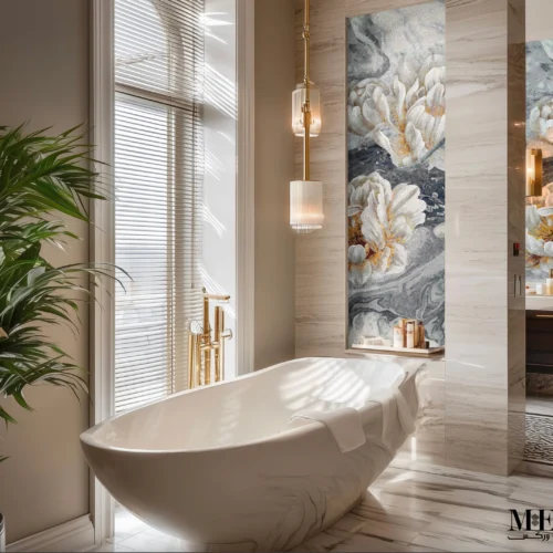 Marble Bloom Mosaic Wall with Sculpted White Florals