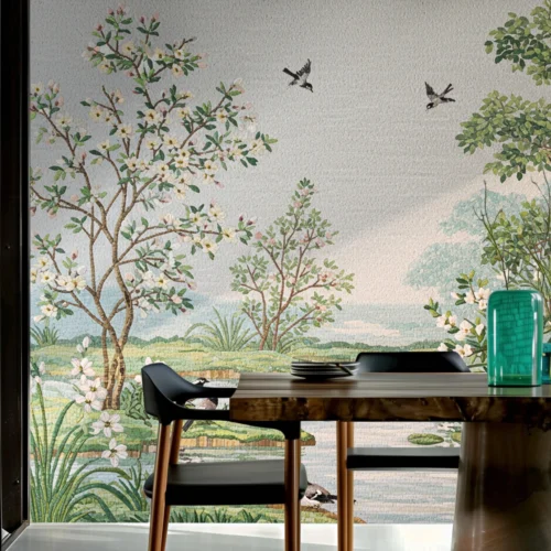 Spring Valley Mosaic Wall with Blooming Garden Landscape