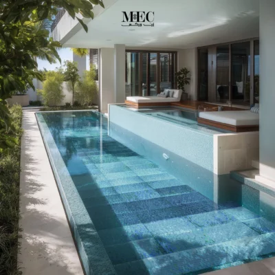 Tranquil Steps Mosaic Pool with Layered Blue Gradient Design