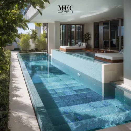 Tranquil Steps Mosaic Pool with Layered Blue Gradient Design