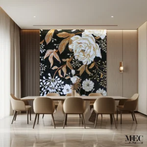 Golden bloom noir floral mosaic accent wall with white and gold flowers on a black background in a modern dining room
