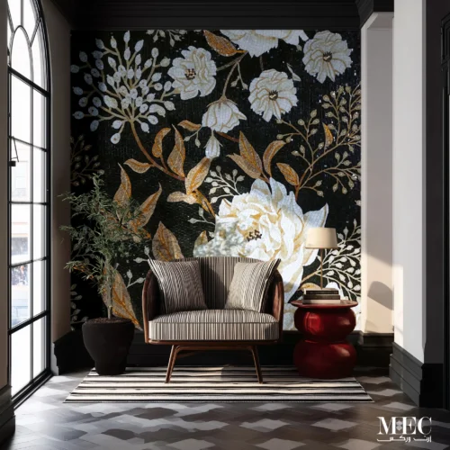 Golden Bloom Noir Mosaic Wall