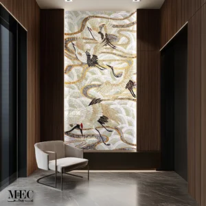 Golden flight crane mosaic wall art with elegant bird design in luxurious modern interior