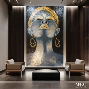 Golden Majesty portrait mosaic wall featuring a regal woman with gold headwrap, jewelry, and set in a modern luxury interior