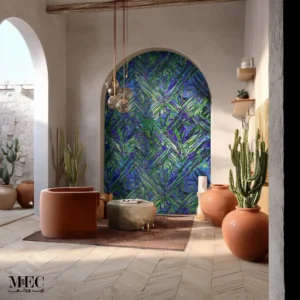Verdant palm leaf mosaic wall in deep green and blue tones within an arched alcove, styled with terracotta pots, cacti, and modern desert-inspired decor