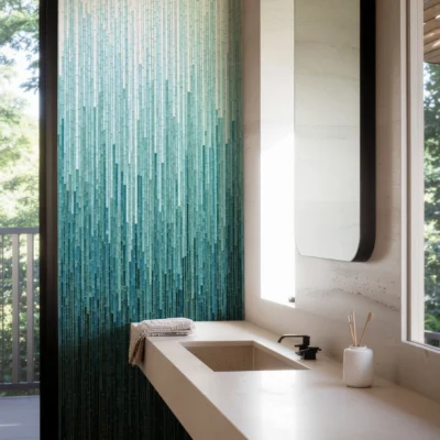 Elegant turquoise gradient mosaic wall in a modern bathroom, creating a tranquil and luxurious spa-like atmosphere.