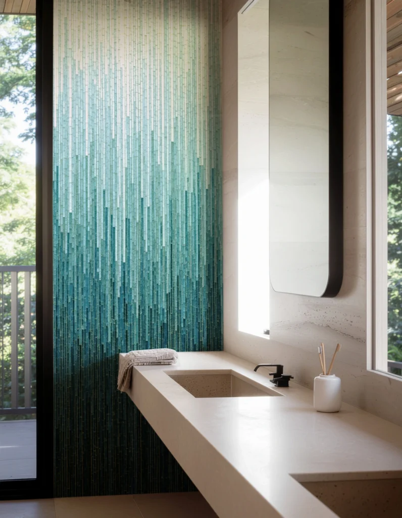 Elegant turquoise gradient mosaic wall in a modern bathroom, creating a tranquil and luxurious spa-like atmosphere.