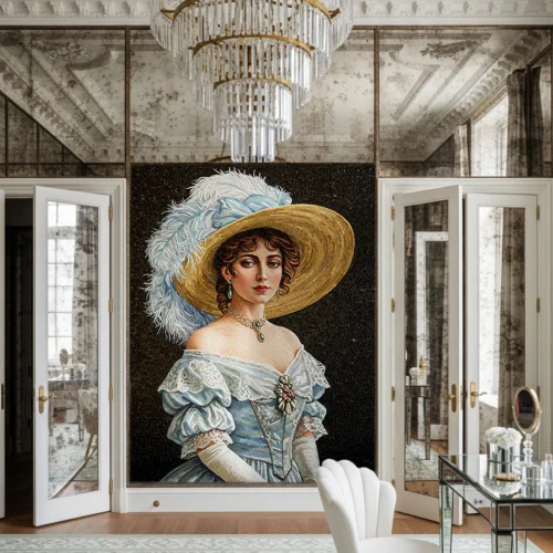 Mosaic portrait of a noble lady in an ornate blue gown and feathered hat, symbolizing elegance and aristocratic refinement.
