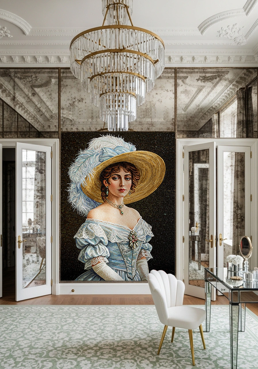 Mosaic portrait of a noble lady in an ornate blue gown and feathered hat, symbolizing elegance and aristocratic refinement.