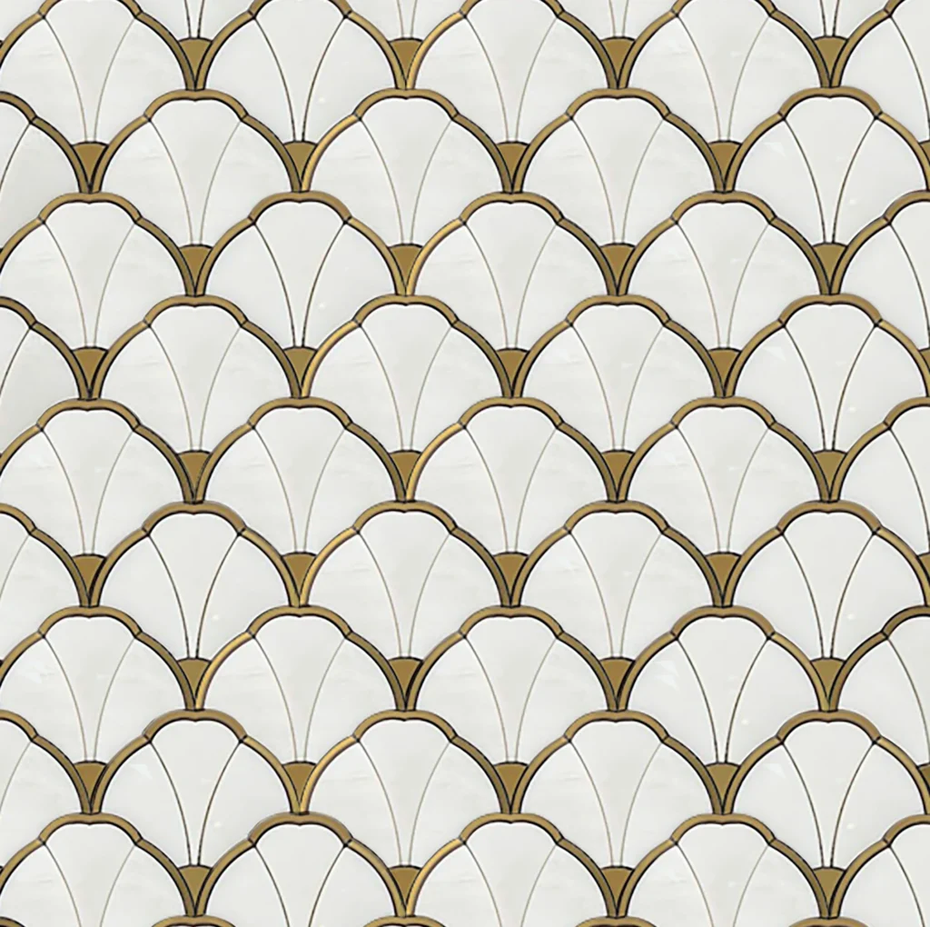 Artistic white and gold fan mosaic tile crafted from marble to enhance elegance in bathrooms, kitchens, and living room walls.
