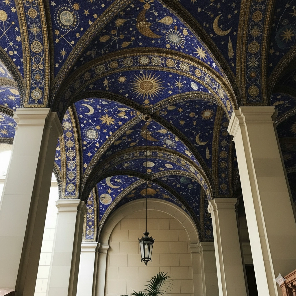 Vaulted ceiling mosaic featuring suns, moons, and constellations in gold against a cobalt-blue background, creating a celestial masterpiece in grand architecture.